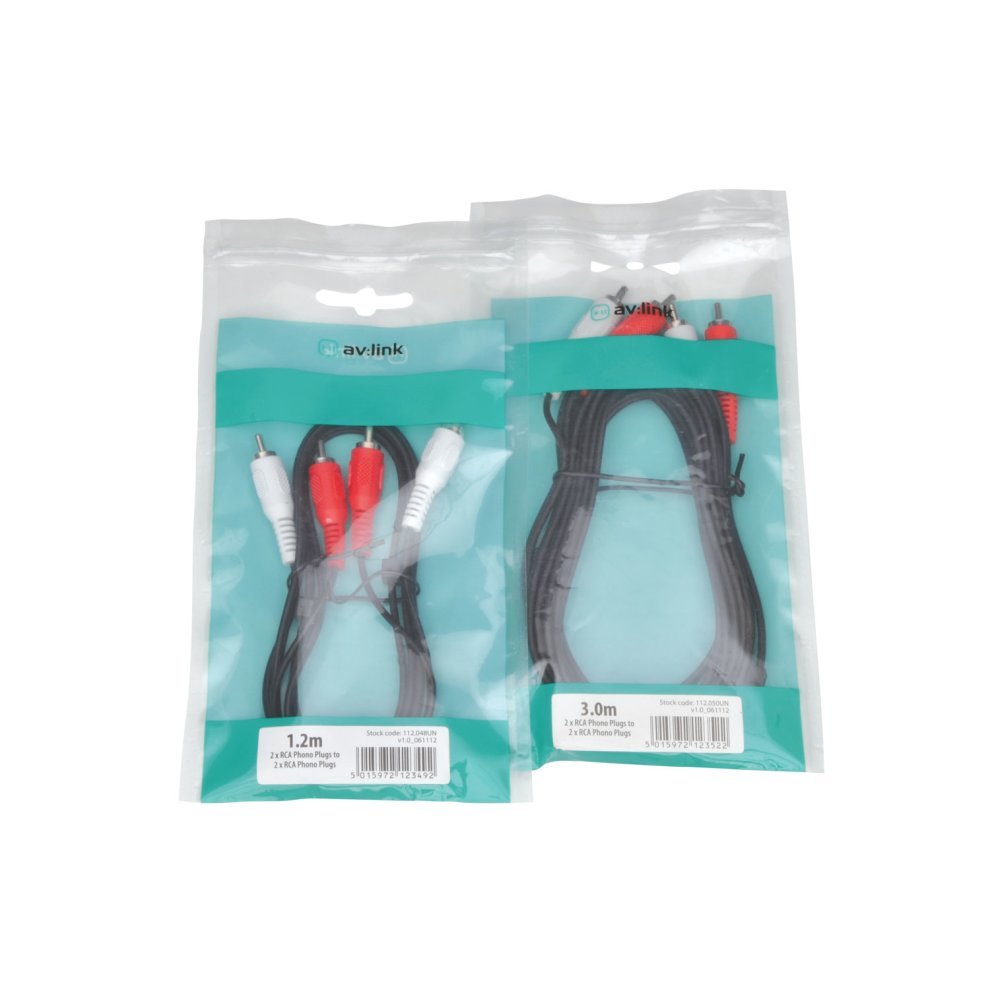 Two transparent packages containing AV:Link RCA cables, one with red and white plugs, labeled 1.2m, and another with similar plugs, labeled 3.0m, both on a teal background.