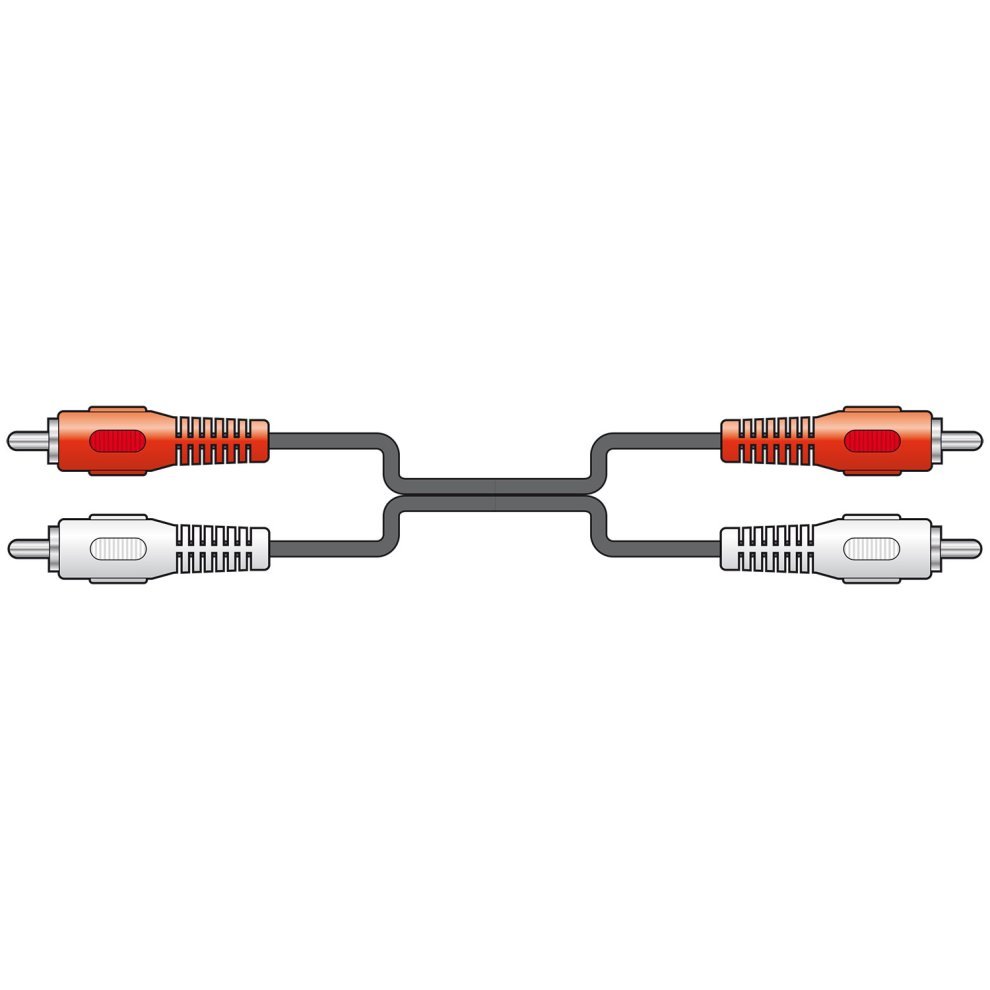 Red and white RCA audio cable with metal connectors, featuring a flexible black cable connecting two pairs of plugs.