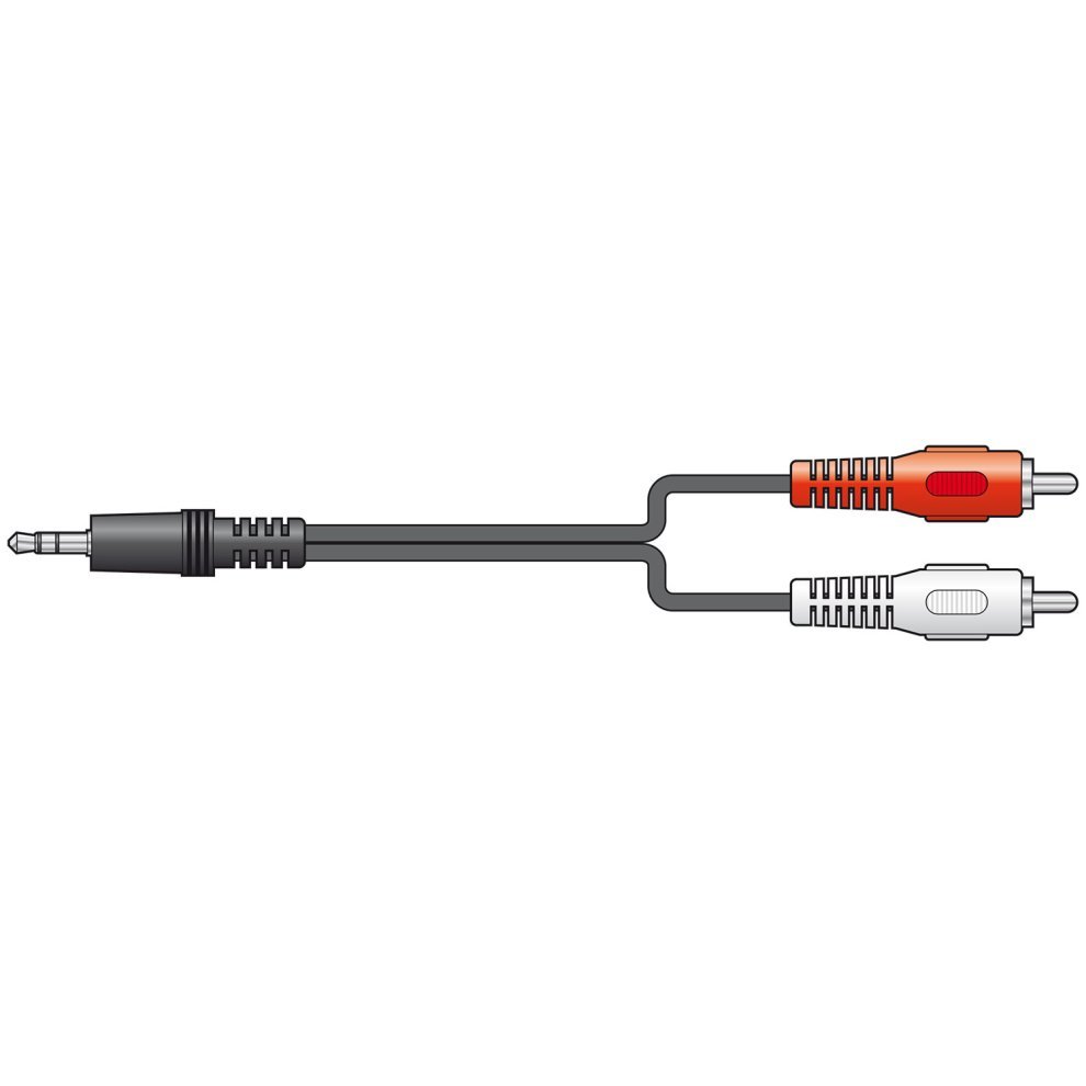 Black 10 m audio cable featuring a 3.5mm jack on one end and two RCA connectors in red and white on the other, designed for connecting audio devices.