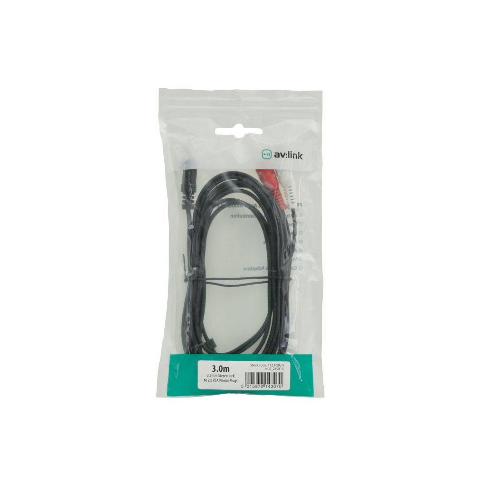 AV Link 112.108UK audio cable in a clear plastic packaging, featuring a 3-meter length with a 3.5mm jack and two RCA connectors in red and white.