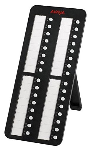 Black Avaya DBM32 IP add-on module featuring 32 programmable buttons, a sleek design with white button labels, and an adjustable stand for easy viewing.