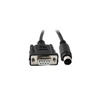 Black mini-DIN (8-pin) RS-232 serial cable with a sturdy connector on one end and a standard DB9 connector on the other, designed for reliable data transmission.