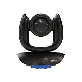 Black ceiling mount for conference equipment featuring a sleek design, rounded edges, and a prominent lens at the center, with a blue accent light at the base.