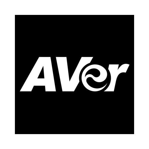 Black background featuring the AVer logo in white, with a stylized "e" that resembles a swirl, emphasizing the brand's modern design.