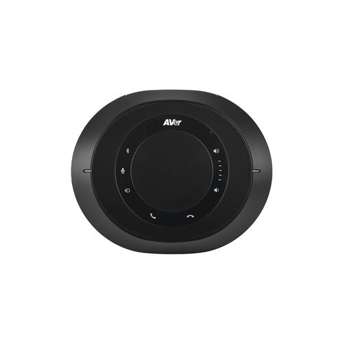 Black AVer FONE540 speakerphone with a circular design, featuring a central touch control panel, LED indicators, and buttons for call management.