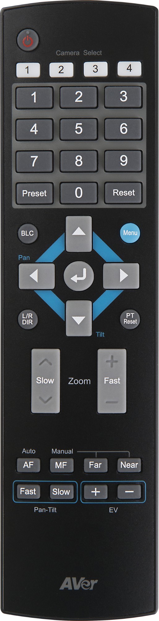 Black remote control with a numeric keypad, directional arrows, and buttons for pan, tilt, zoom, and menu functions, designed for AVer PZ Series cameras.