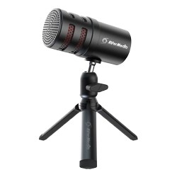 Black and silver AVerMedia AM310G2 microphone with a cylindrical shape, featuring a mesh grille, adjustable tripod stand, and branding on the side.