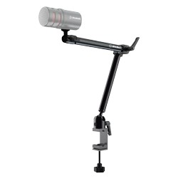 AVerMedia Flexi Go Multi-Angle Mic Arm features a sleek black metal arm with adjustable joints, a sturdy clamp base, and a silver microphone holder for versatile positioning.