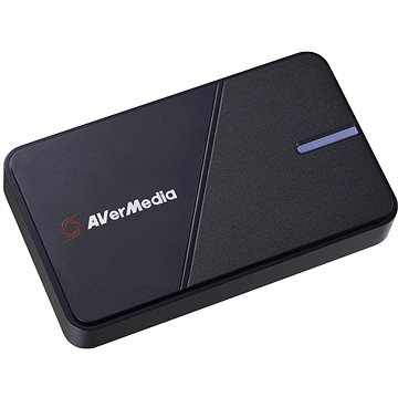 AVerMedia GC551G2 is a sleek, black external capture card with a textured surface, featuring a blue LED indicator and the AVerMedia logo prominently displayed.