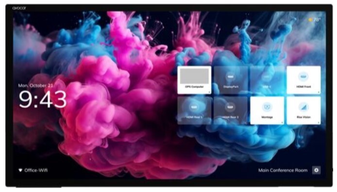 86-inch Avocor AVH-8620 interactive display monitor with a vibrant blue and pink abstract background, featuring a digital clock and app icons for connectivity options.