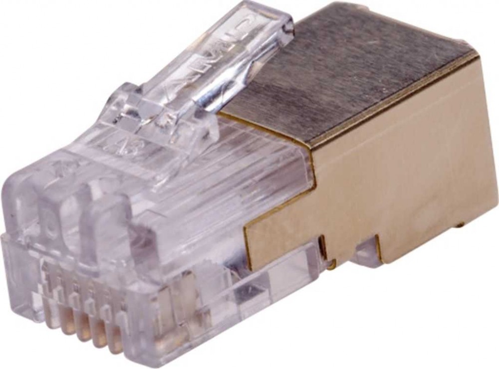 Clear plastic RJ-12 wire connector with a gold-plated metal tip, featuring a clip for secure attachment and multiple metal pins for connectivity.