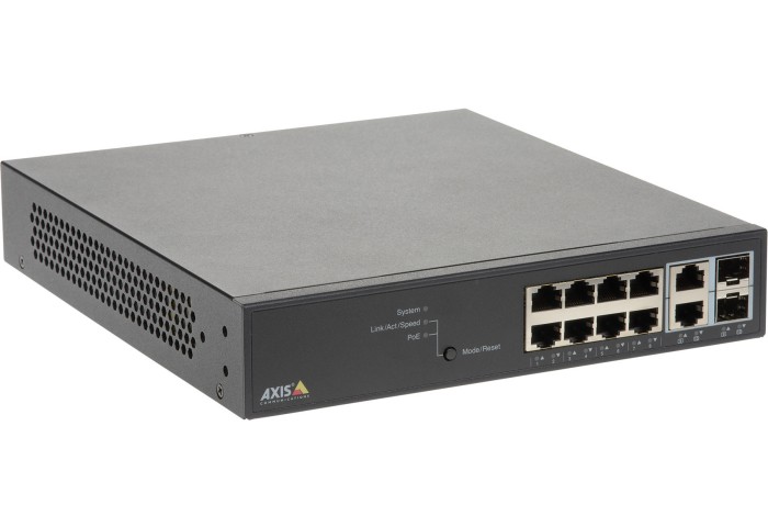 Managed Gigabit Ethernet network switch in a black metal casing with eight Ethernet ports, status indicators, and a sleek, compact design.