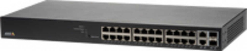 Black managed network switch with 24 Gigabit Ethernet ports, featuring a sleek metal casing and ventilation slots on the sides for heat dissipation.