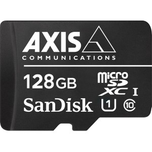 Black microSDXC memory card featuring "AXIS" and "128GB" labels, with "SanDisk" branding, and Class 10 symbol for high-speed performance.