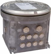 Gray metal network switch with a round top, featuring multiple hexagonal bolts and a label on the side, designed for Fast Ethernet and Power Over Ethernet capabilities.