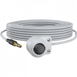 White AXIS 01561-001 microphone with a round mesh grille, attached to a long white cable ending in a 3.5mm audio jack, designed for security camera use.
