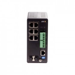 Black AXIS 01633-001 managed network switch with four Ethernet ports, two terminal block connectors, a reset button, and a power input, designed for gigabit connectivity.
