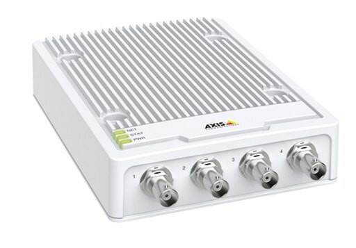 White video encoder with a ribbed metal top, featuring four coaxial connectors and indicator lights for power and status, designed for video encoding applications.