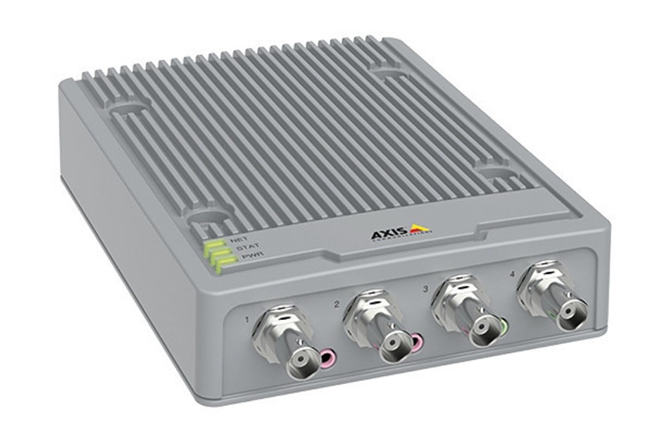 Gray video server/encoder with a ribbed design, featuring four input ports and LED indicators for network and power status, capable of 1920 x 1080 pixels at 30 fps.
