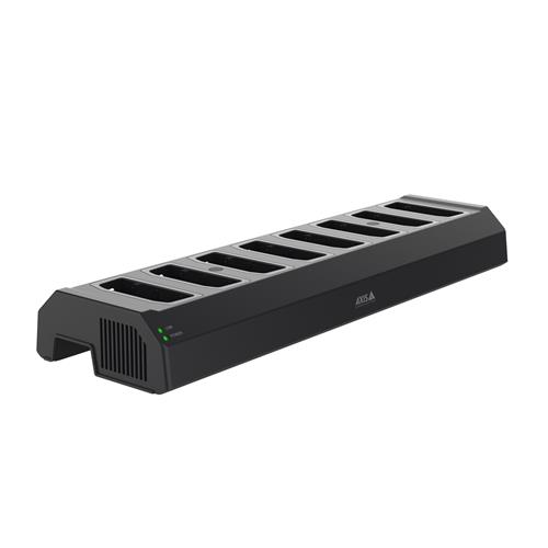 Black mobile device dock station with a sleek design, featuring multiple slots for device charging, an LED indicator, and a sturdy base for stability.
