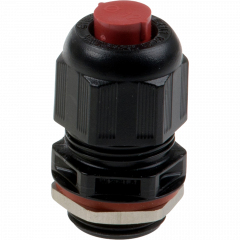 Black plastic cable gland with a red top, featuring a hexagonal shape and a metal ring at the base for secure attachment, designed for electrical cable protection.