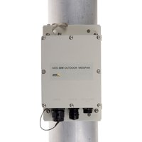 Grey aluminium Axis mounting kit with rectangular shape, multiple screws, and cable connectors attached to a pole.