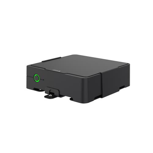 Black rectangular gateway/controller with rounded edges, featuring a green power indicator, and a sleek, minimalist design suitable for networking applications.