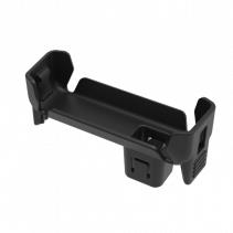 Black plastic cable organizer with a sleek design, featuring a holder for managing multiple cables, designed for easy attachment and stability.