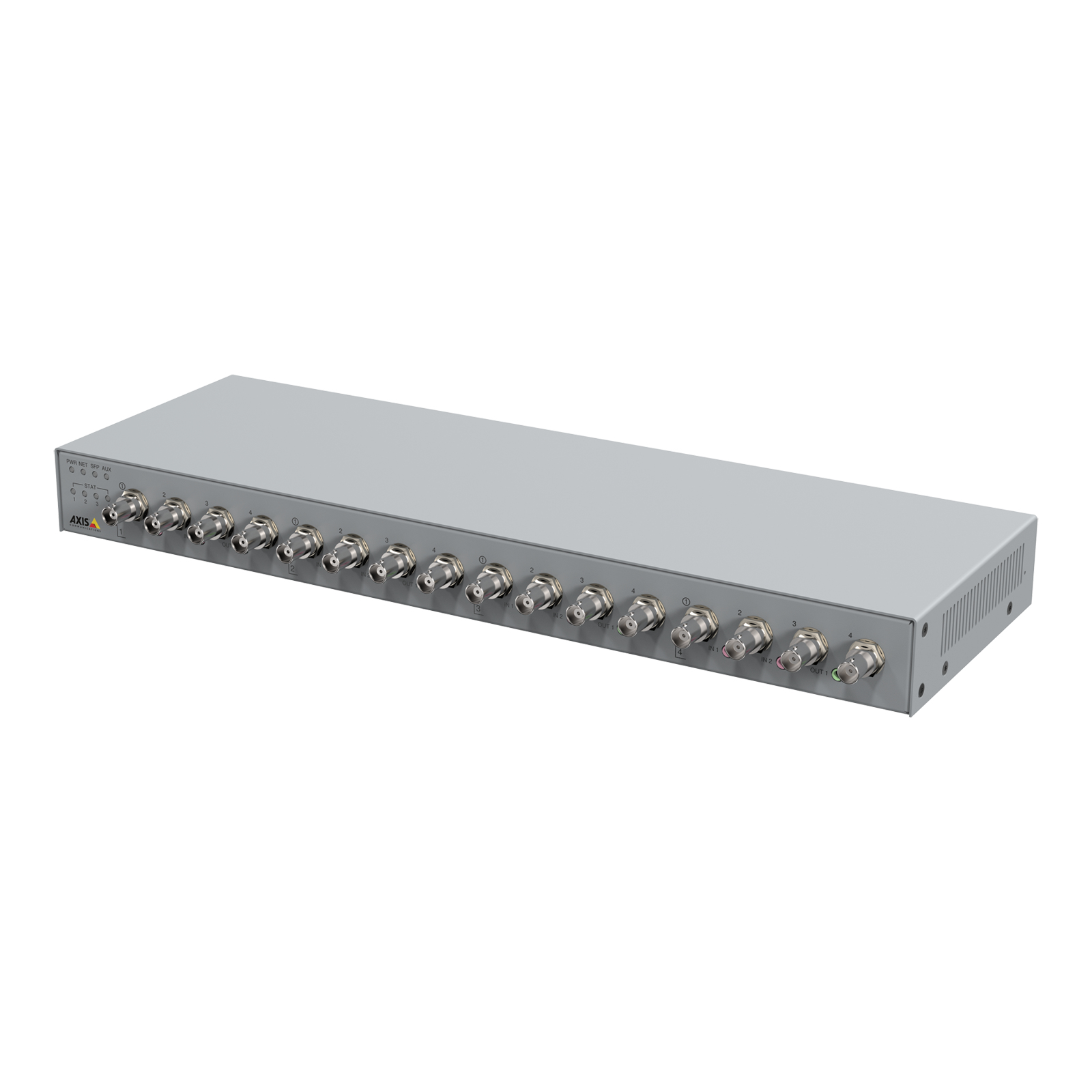 Silver video server with a sleek design, featuring multiple BNC connectors on the front, indicating high-definition video input capabilities.