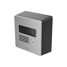 Black wall mount camera housing with a sleek design, featuring a front camera lens, speaker grille, and a round button, suitable for IP intercom systems.