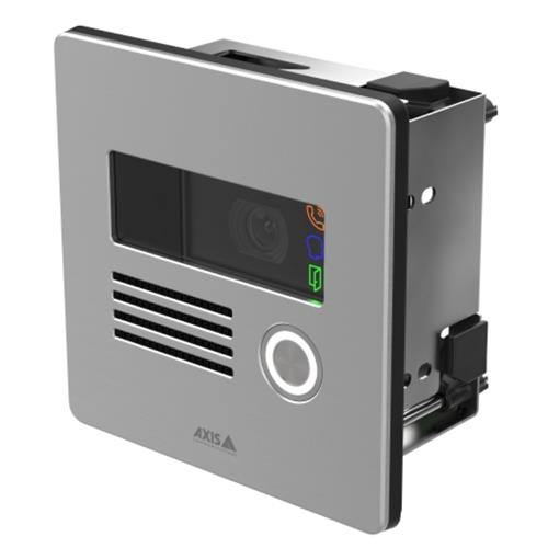 Silver flush mount box designed for the Axis 02067-001 intercom system, featuring a camera window, speaker grilles, and illuminated buttons for easy access and use.