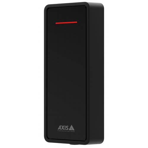 Black RFID reader with a sleek design, featuring a red LED indicator and the AXIS logo, designed for RS-485 connectivity.