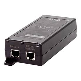 Black AXIS PoE adapter with two Ethernet ports labeled "DATA IN" and "DATA PWR OUT," featuring a compact design and a textured surface for grip.