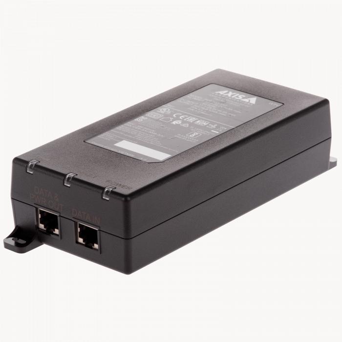 Black AXIS PoE Adapter with two Ethernet ports, labeled "DATA" and "POWER," featuring a sleek plastic casing and a detailed information label on top.