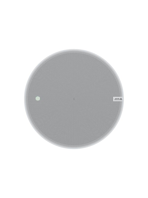 Round white ceiling speaker with a perforated metal grille, featuring a subtle AXIS logo and a sleek, minimalist design suitable for modern interiors.