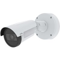 White Axis Bullet IP security camera with cylindrical body, wall mount, and protective hood.