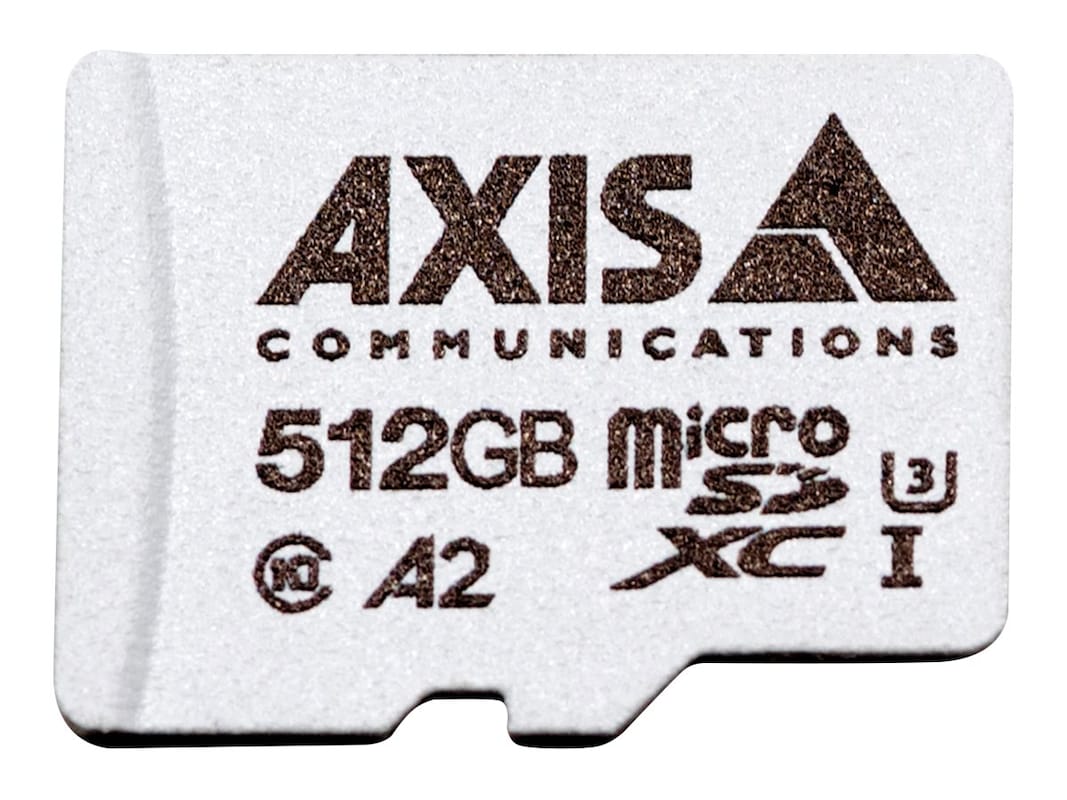 White microSDXC memory card featuring the AXIS logo, labeled with "512GB" and "A2," with a Class 10 rating for high-speed data transfer.