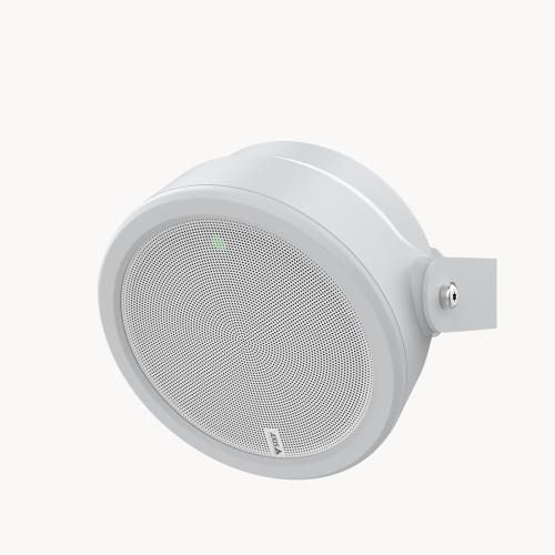 White circular AXIS C1610-VE speaker system with a metal mesh grille, featuring a green indicator light and a mounting bracket for easy installation.