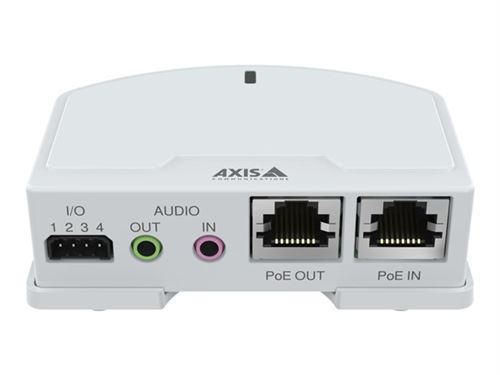 White digital/analogue I/O module with four I/O ports, audio input/output jacks, and two Ethernet ports labeled PoE IN and PoE OUT, featuring a sleek, compact design.