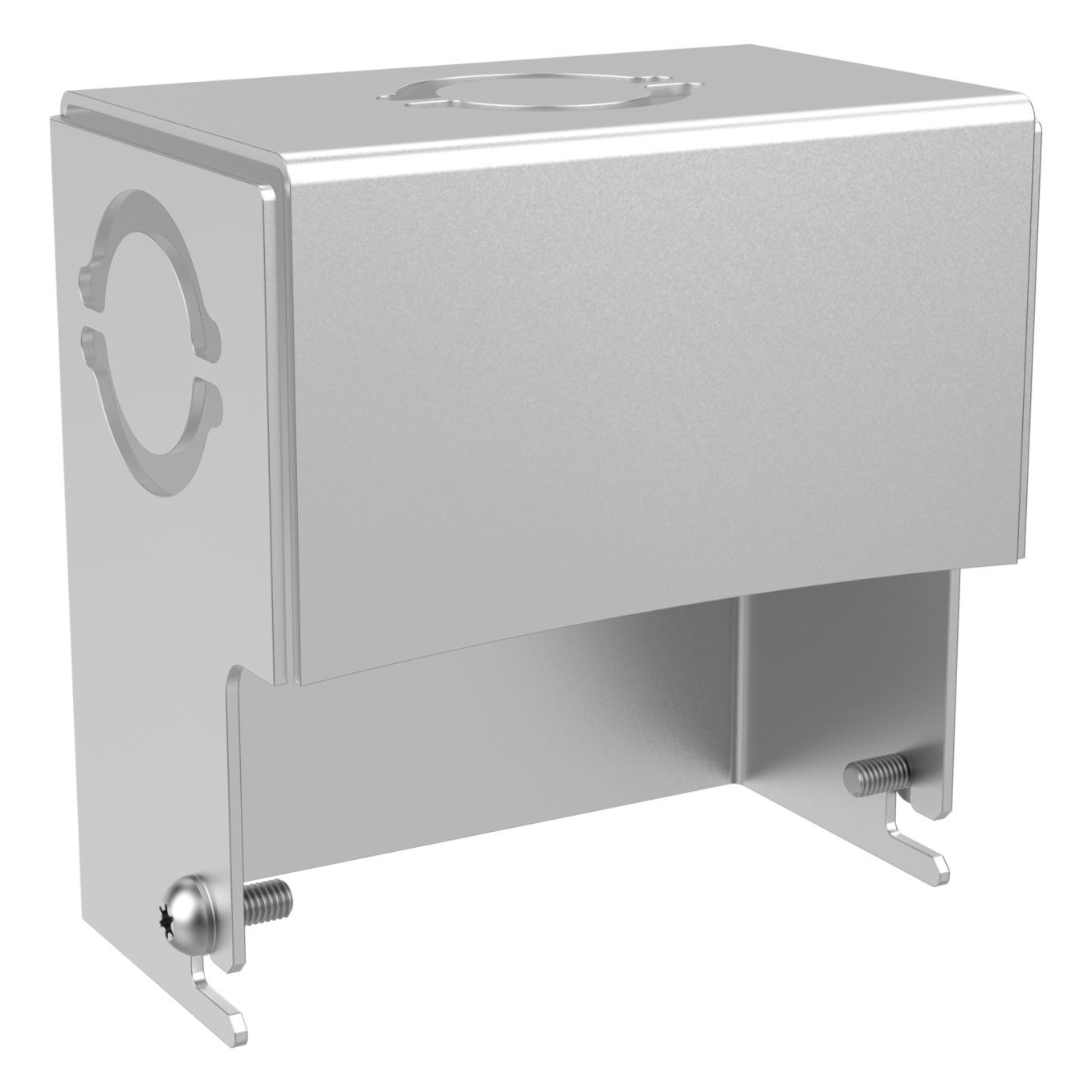 Silver metal speaker mount with a rectangular design, featuring a circular cutout and mounting brackets at the bottom for secure installation.