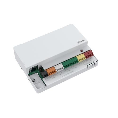 White digital/analogue I/O module with multiple colored terminal blocks, featuring a sleek design and AXIS branding on the top.