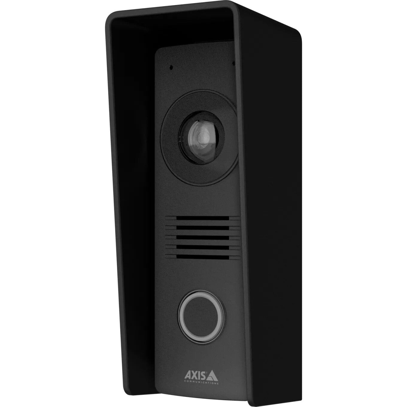 Black plastic intercom system accessory cover with a rectangular shape, featuring a circular button, speaker grille, and a lens opening for camera integration.
