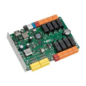 Green circuit board with multiple black relays, orange and yellow connectors, and silver metal edges, featuring various electronic components and the AXIS logo.