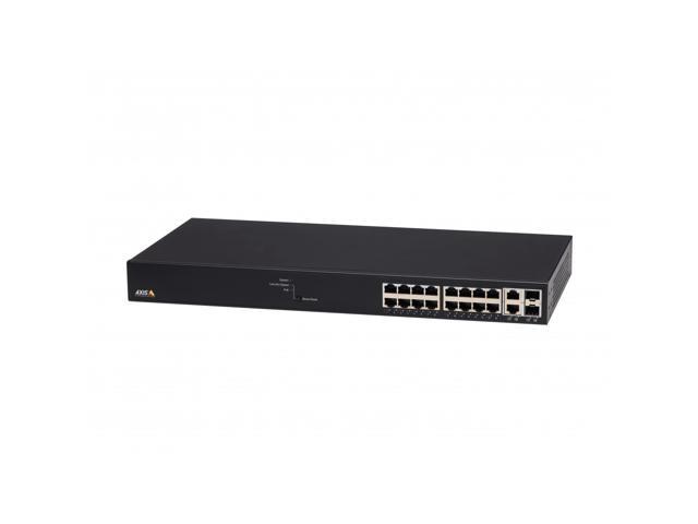Black managed network switch with 16 Gigabit Ethernet ports (10/100/1000), featuring a sleek metal casing and LED indicators for power and connectivity status.