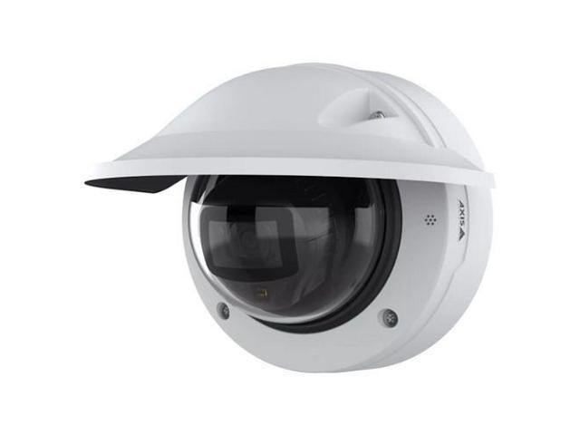 White dome camera with a sleek design, featuring a dark lens and a protective overhang, equipped with audio analytics and AI-powered capabilities.