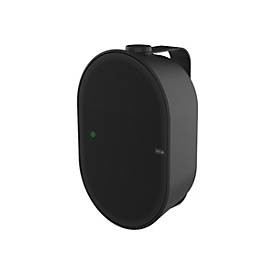 Black oval-shaped wired speaker with a smooth finish, featuring a green indicator light and a sturdy mounting bracket for easy installation.