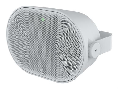 White, oval-shaped 2-way speaker with a metal grille, featuring a green indicator light and a sturdy mounting bracket for installation.