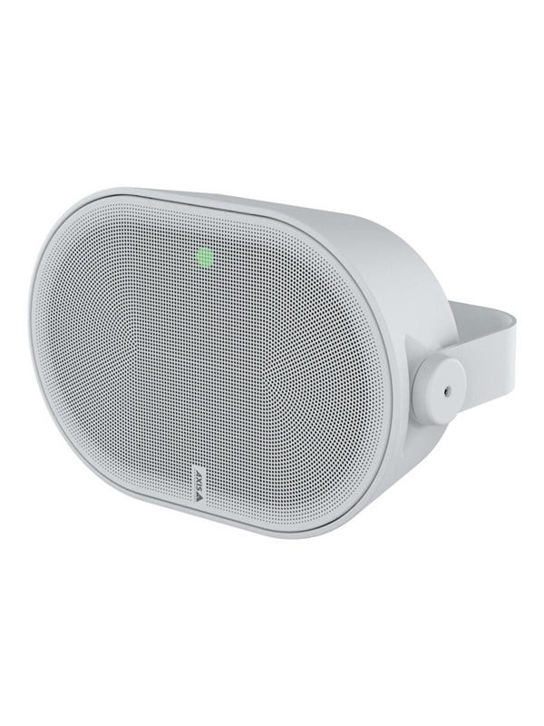 White, oval-shaped 2-way speaker with a metal grille and a green indicator light, featuring a sturdy mounting bracket for easy installation.