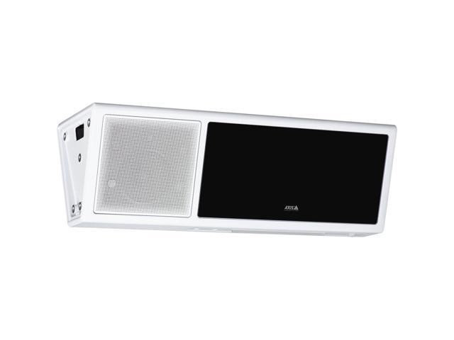 White rectangular speaker with a black front panel, featuring a metal grille on one side and control ports on the back, designed for high-quality audio output.