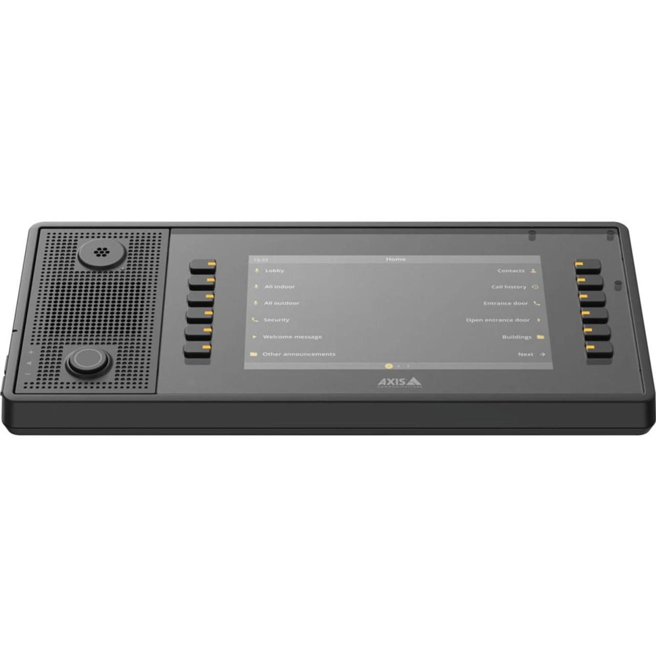 Black Axis C6110 Video Intercom System featuring a 17.8 cm (7") touchscreen, speaker, and multiple buttons for navigation and settings.